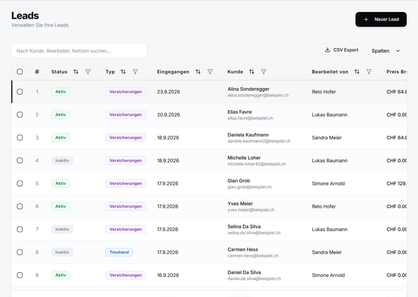 Lead-Liste in Brokernest mit Status und Bearbeiter